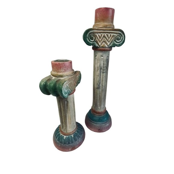 Vintage Pier 1 Pink Green Hand Painted Aztec Pillar Candlestick Holder‎ Pair 13" - Picture 11 of 12